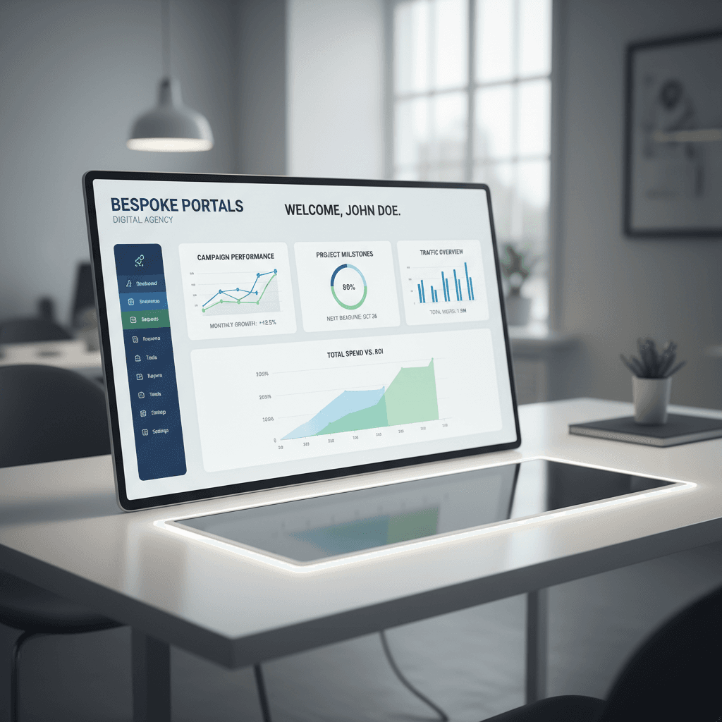 Sleek client portal dashboard with real-time analytics and modern interface