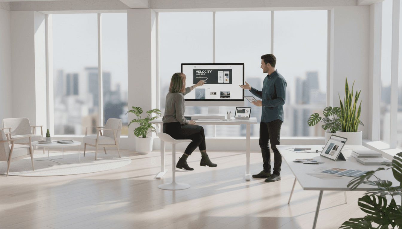 Designer working on website design at modern studio desk