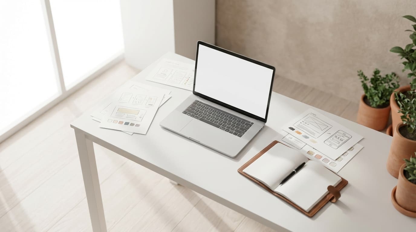 Modern creative workspace with designer working on digital projects at a minimalist desk