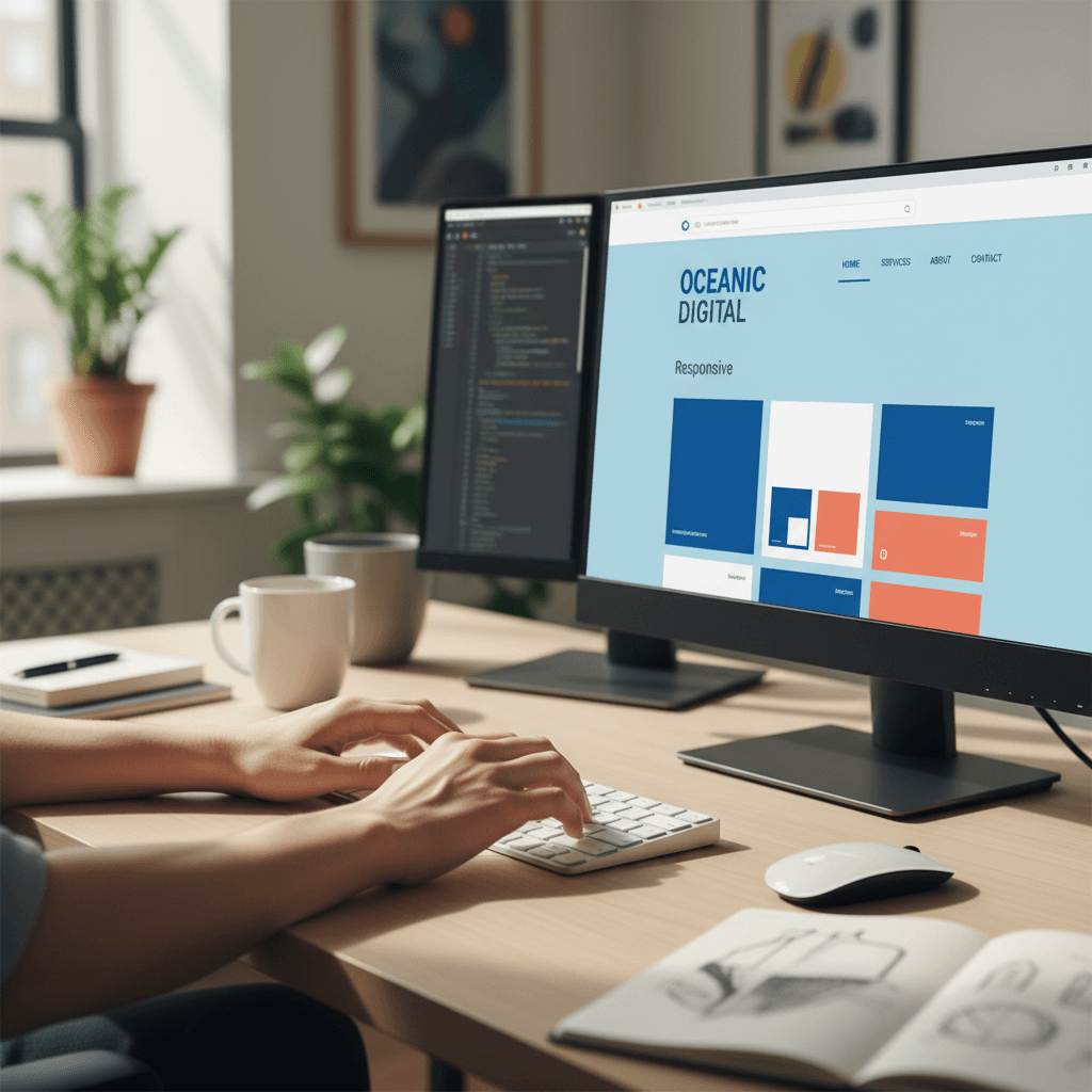 Designer working on website interface at modern agency workspace
