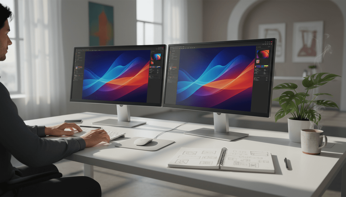 Modern digital workspace with designer working on web design projects in bright professional setting